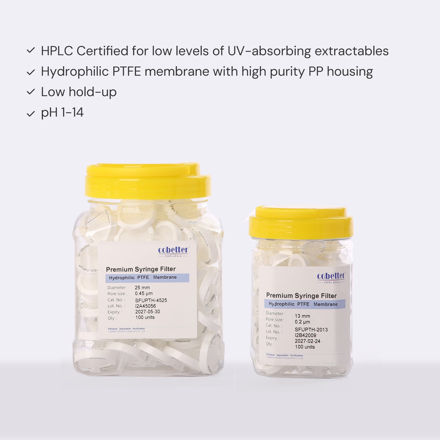 Hydrophilic PTFE Syringe Filters Non-sterile HPLC-certified 100pcs/pk