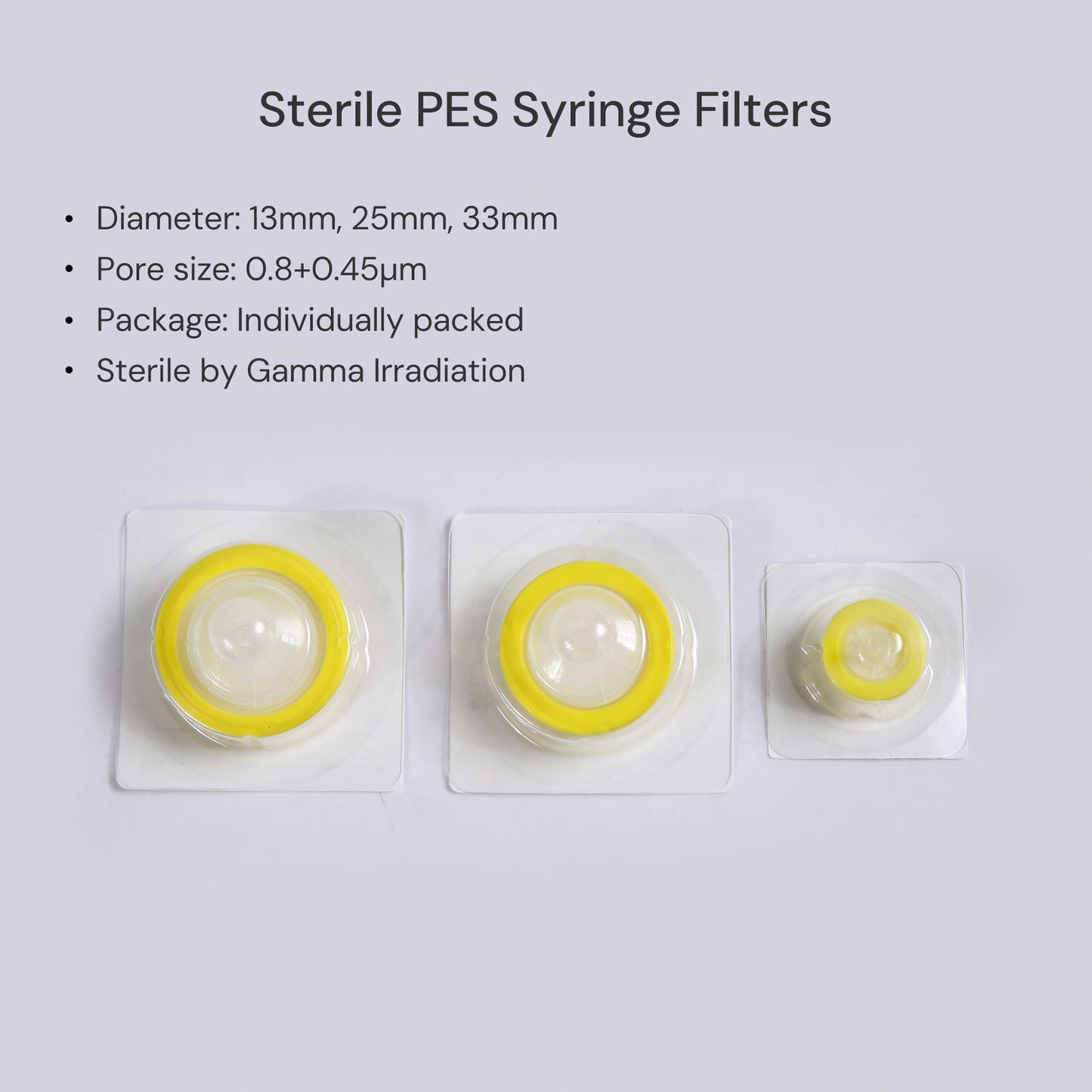 0.45/0.8/1.2μm PES Syringe Filters for Clarification, Sterile Individually Packed