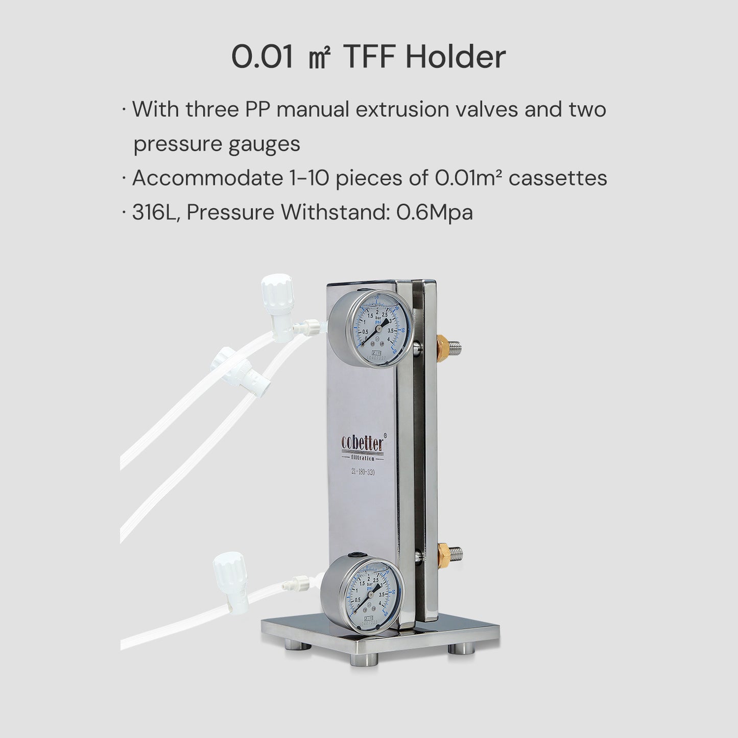 Tangential Flow Filtration TFF Cassette Holder 0.01m², with 3 Valves and 2 Gauges