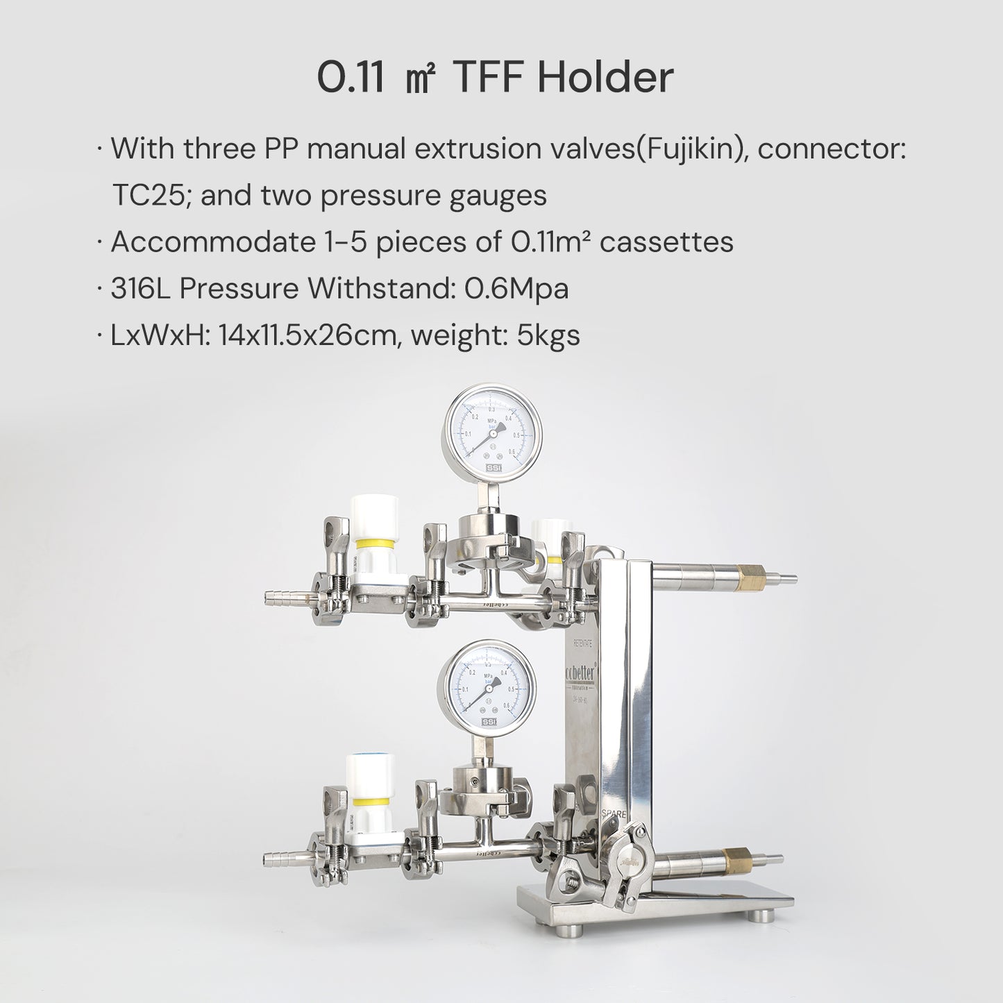 Tangential Flow Filtration TFF Cassette Holder 0.11m², with 3 Valves and 2 Gauges