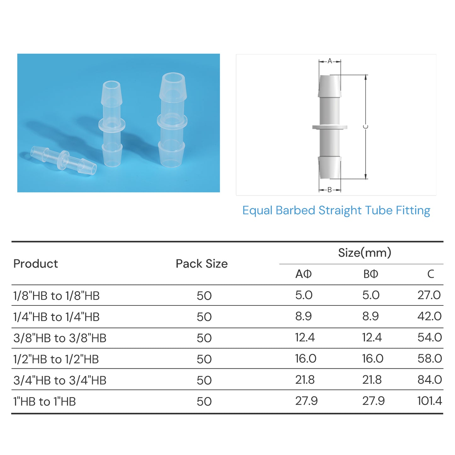 Polypropylene(PP) Pharmaceutical Straight Tube Fittings Equal Barbed 50/pk