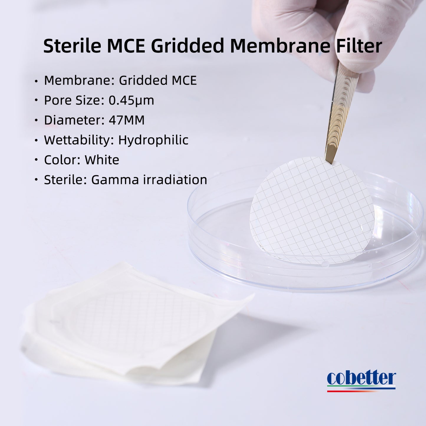 Sterile MCE Membrane Filter, White with Grid, Individually Packaged, 100/pk