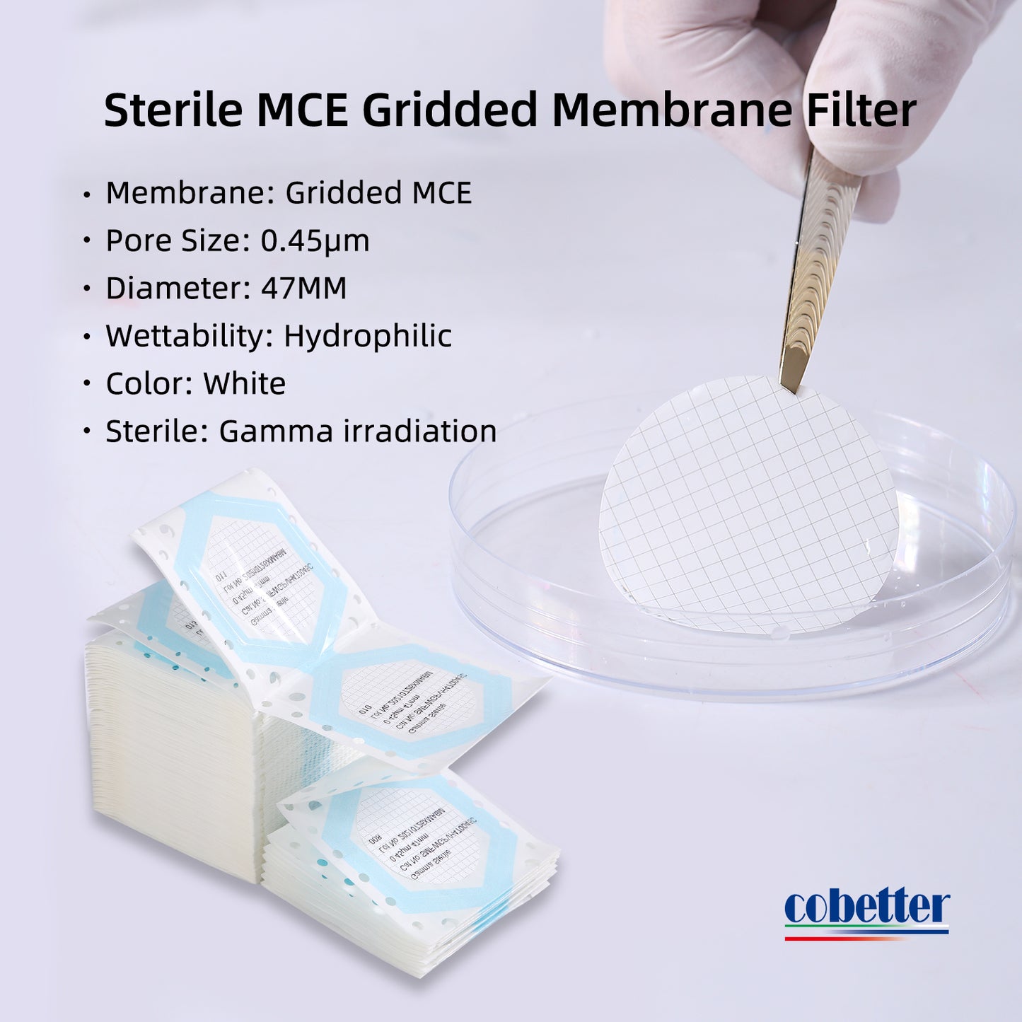 Sterile Dispenser-Ready MCE Membrane Filter, White with Grid, Packaged on a Pleated Band, 150/pk