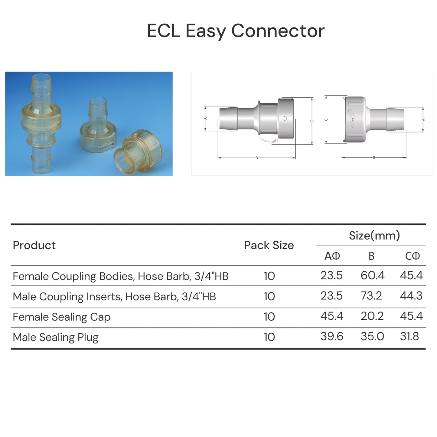 Pharmaceutical ECL Easy Connectors Polysulfone PSF 10/pk