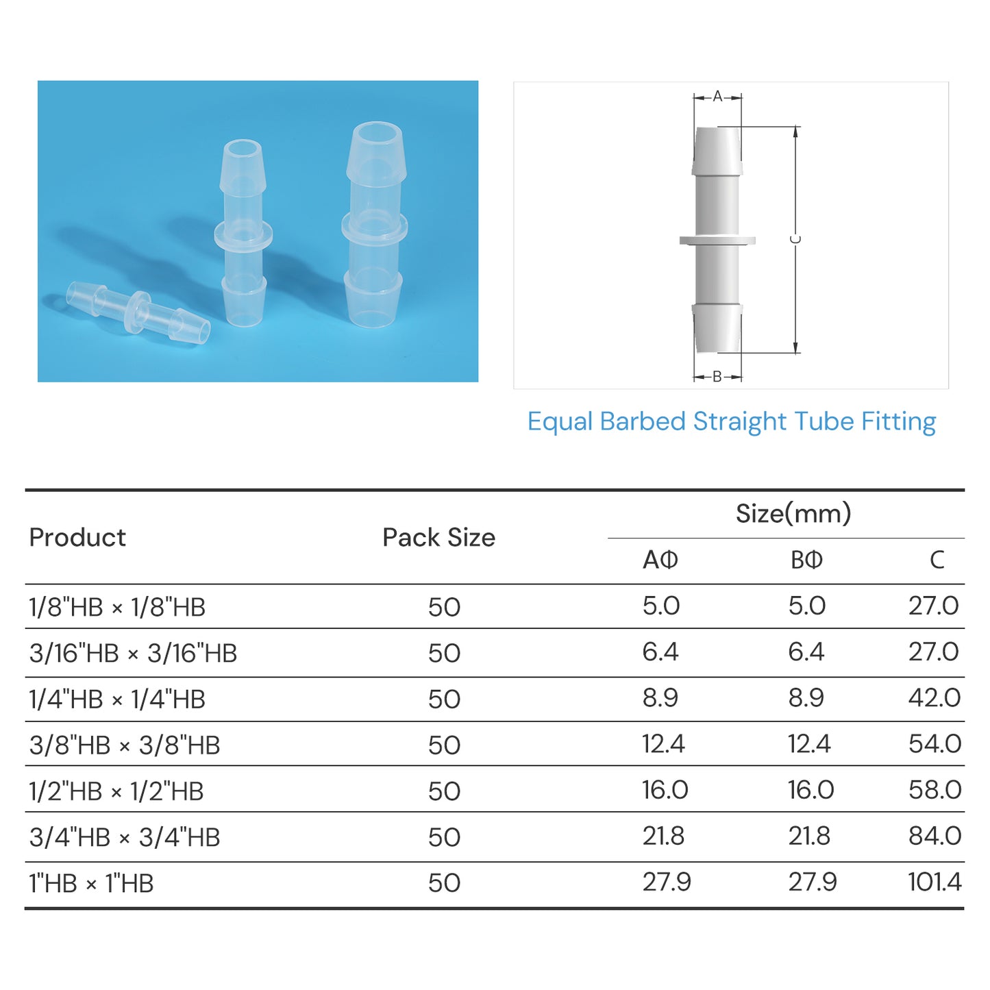 Lifemeta™ SF Polypropylene(PP) Pharmaceutical Straight Tube Fittings Equal Barbed 50/pk