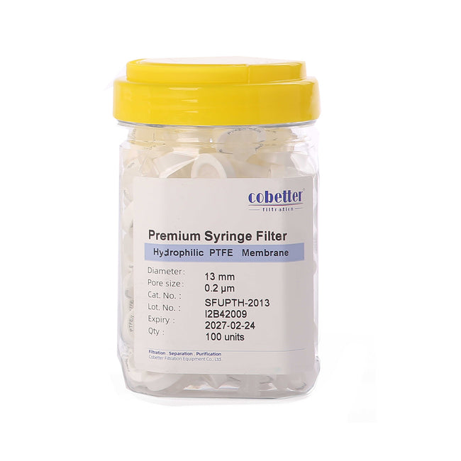 Premium PTFE syringe filter, 13mm, 0.2µm, female Luer lock to male Luer slip, non-sterile