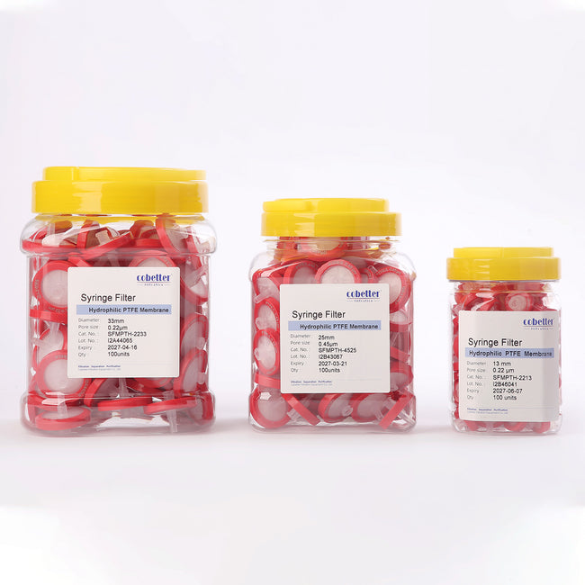 Cobetter Hydrophilic PTFE syringe filters in three sizes with transparent housings and product packaging