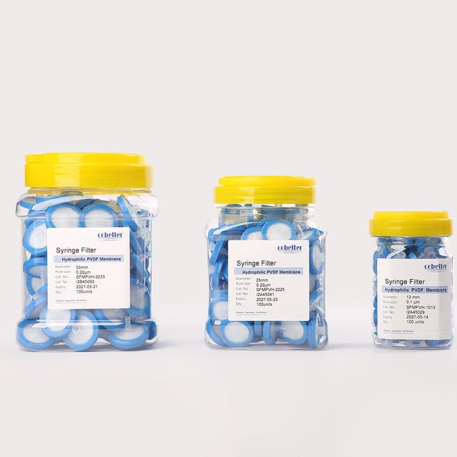 Hydrophilic PVDF syringe filter, 13mm/25mm/33mm, 0.22µm/0.1µm, female Luer lock to male Luer slip, non-sterile