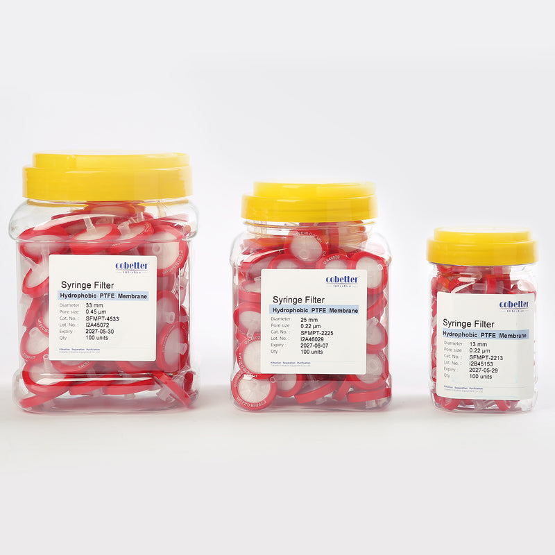 Hydrophobic PTFE syringe filter, 13mm/25mm/33mm, 0.22µm/0.45µm, female Luer lock to male Luer slip, non-sterile