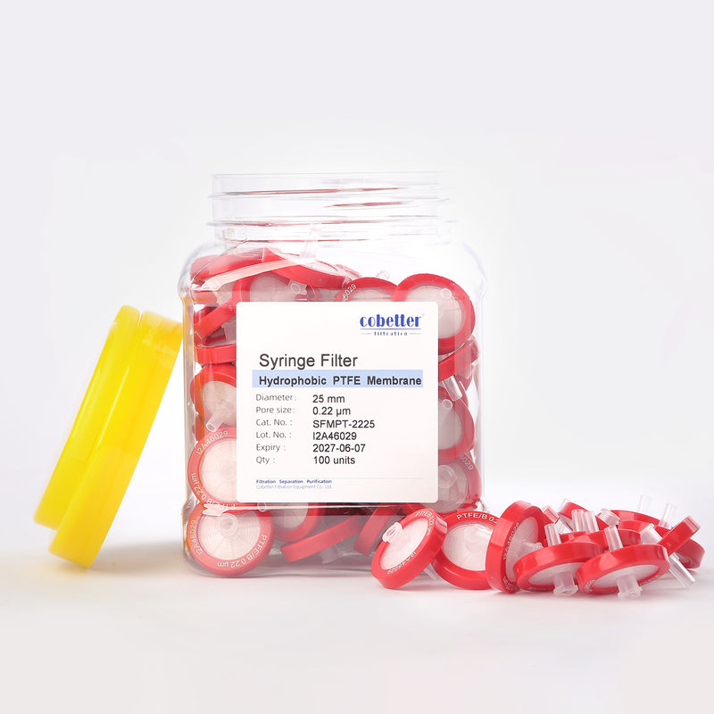 Cobetter Hydrophobic PTFE syringe filter in a transparent container