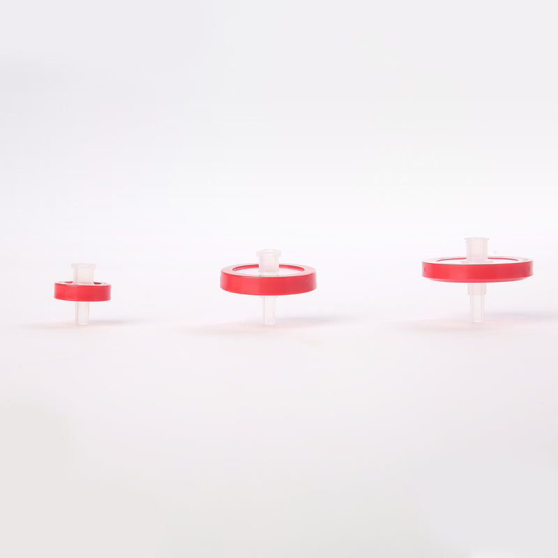 PTFE syringe filters in different sizes with red housings