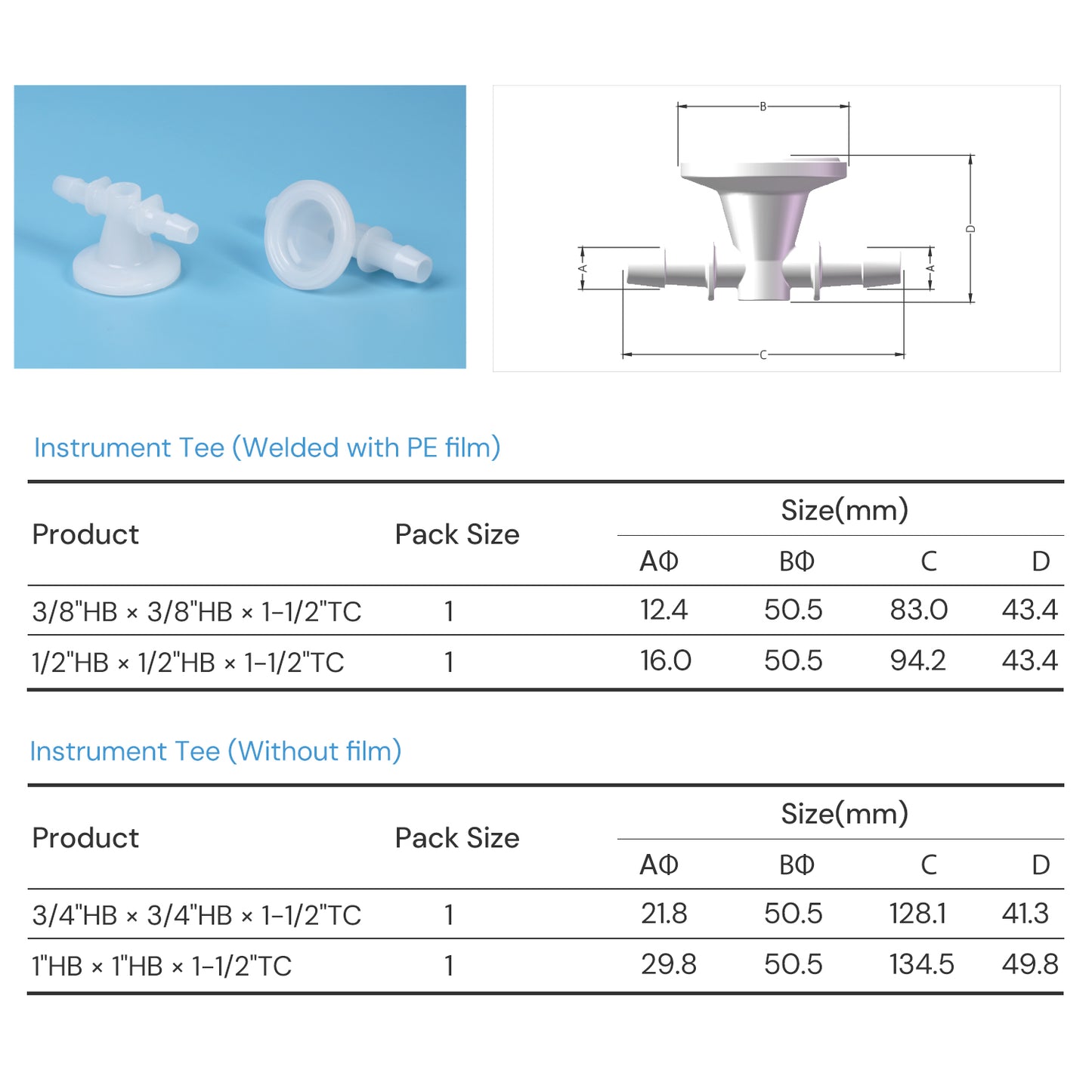 Lifemeta™ SFG Pharmaceutical PE Instrument Tee Pressure Gauge TC to Hose Barbs 1/pk