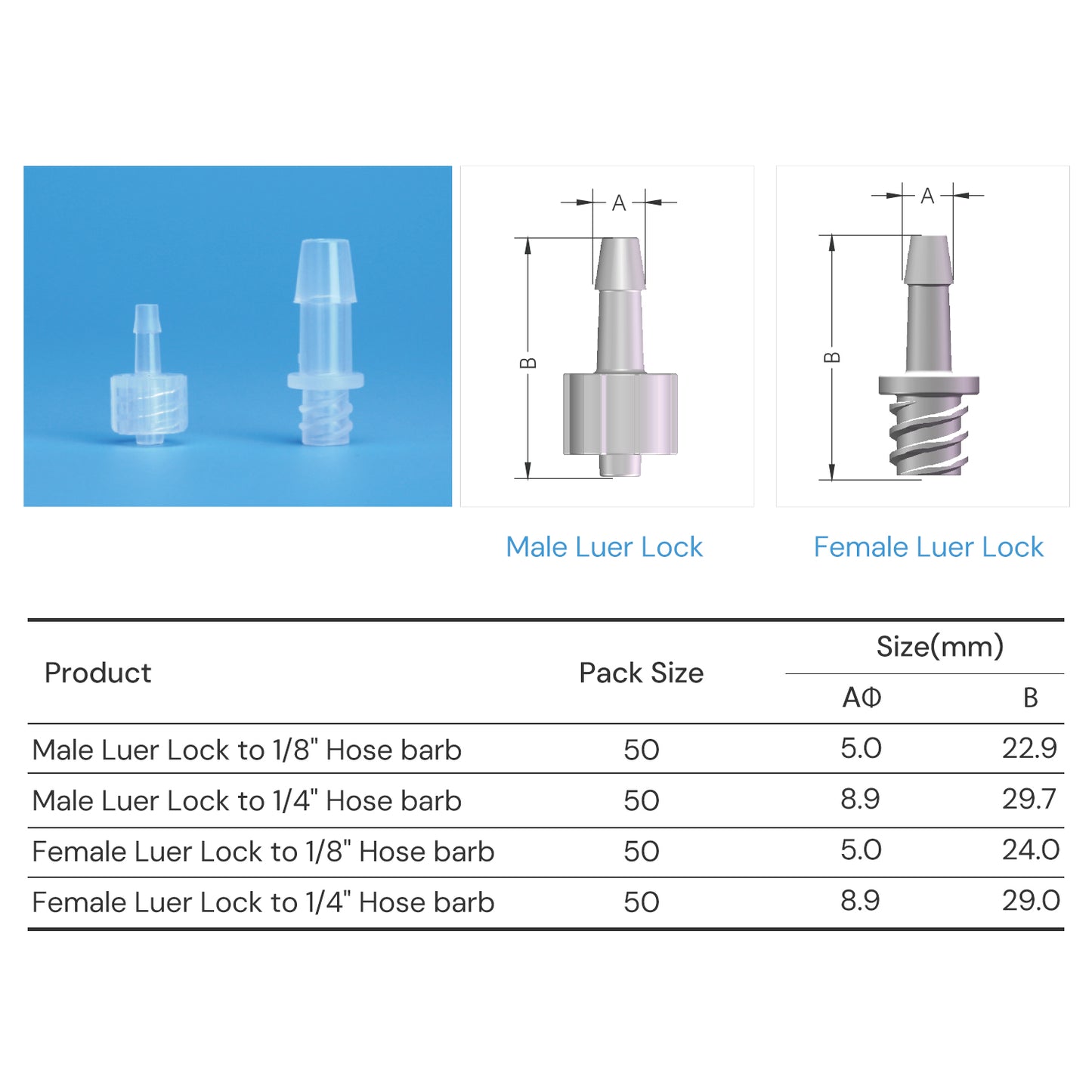 Pharmaceutical Luer Lock Connectors Hose Barb to Luer Lock 50/pk