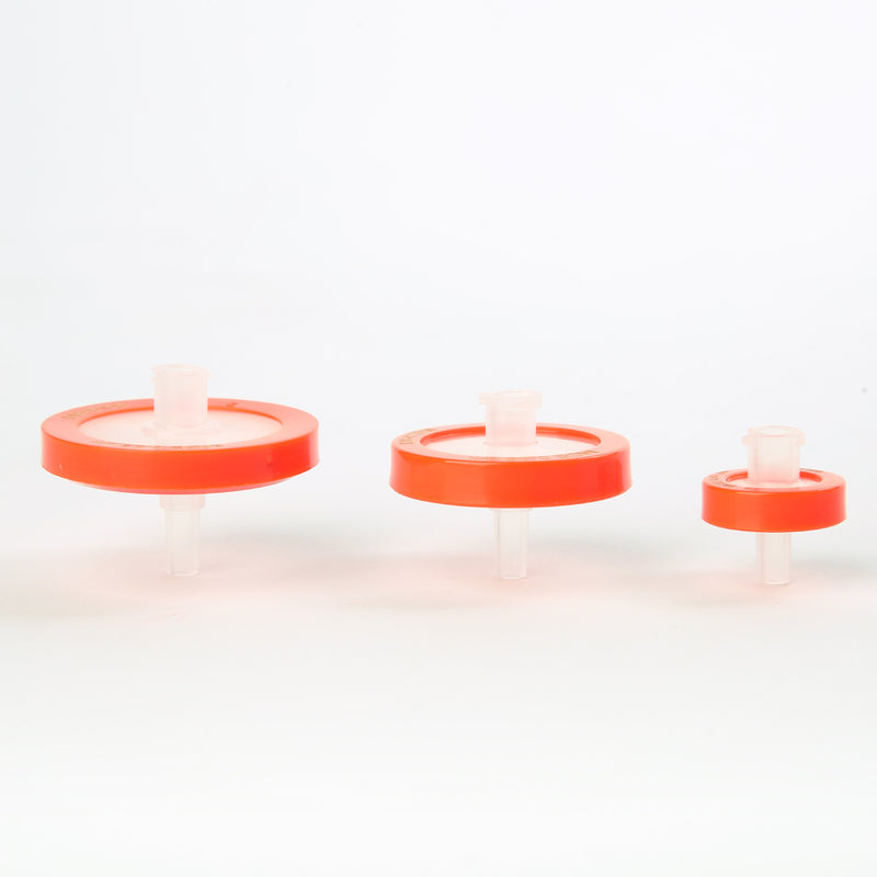 MCE syringe filters in different sizes with orange housings