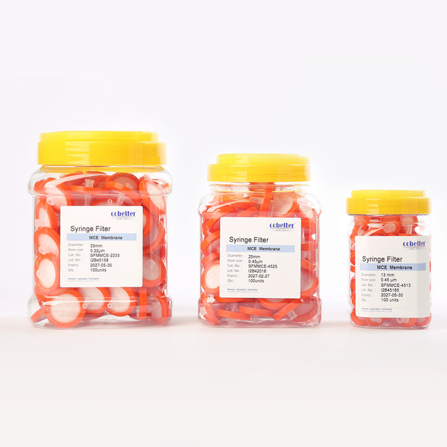MCE syringe filter, 13mm/25mm/33mm, 0.2µm/0.45µm, female Luer lock to male Luer slip, non-sterile
