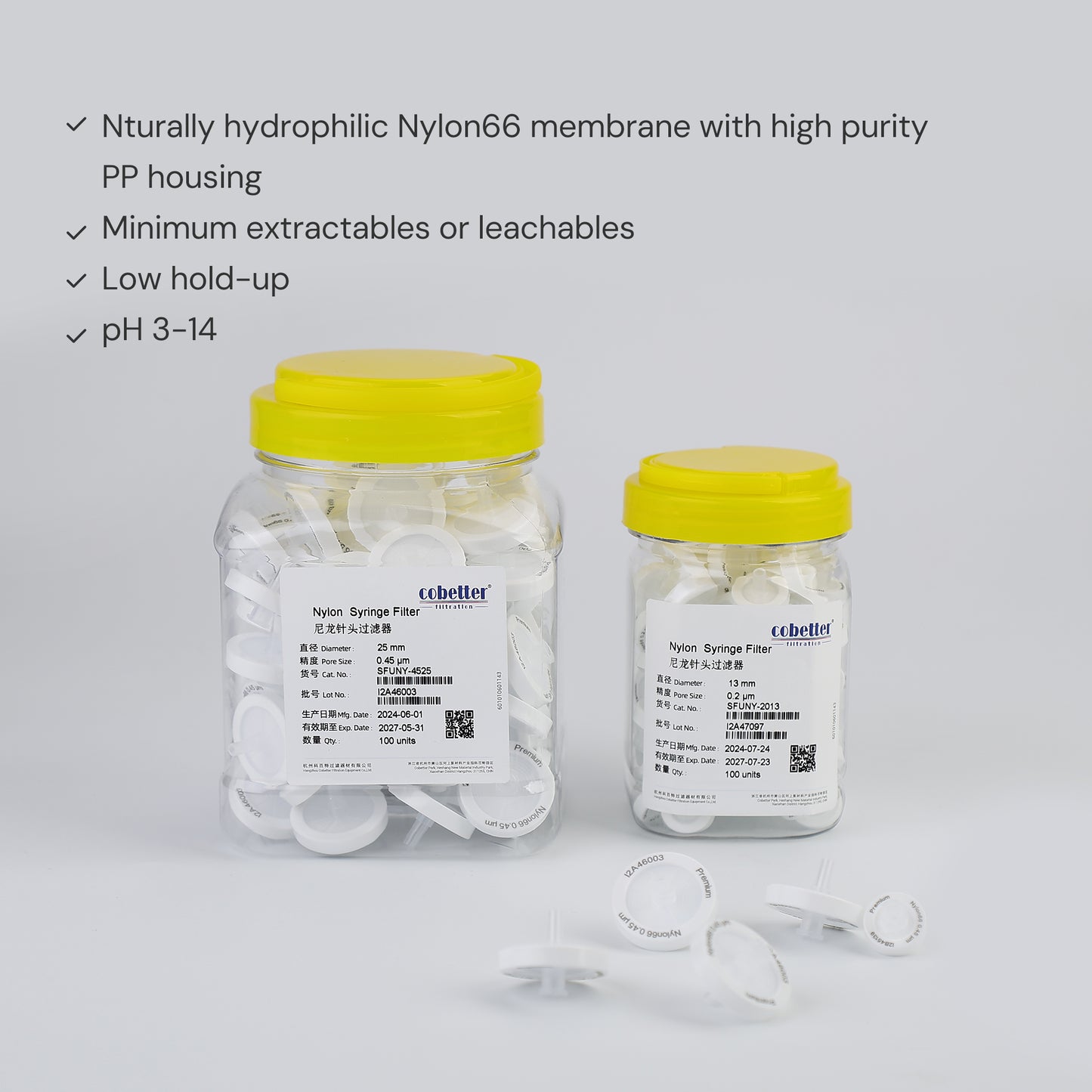 Hydrophilic Nylon Syringe Filters Non-sterile HPLC-certified 100pcs/pk
