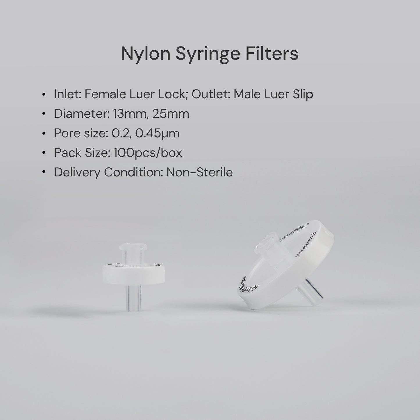 Hydrophilic Nylon Syringe Filters Non-sterile HPLC-certified 100pcs/pk