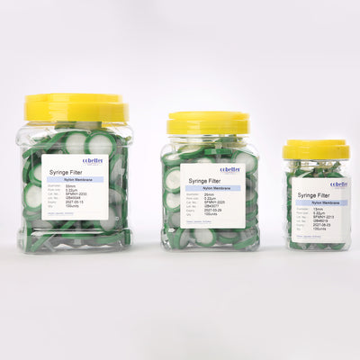 Cobetter Nylon syringe filters in three sizes with transparent housings and product packaging
