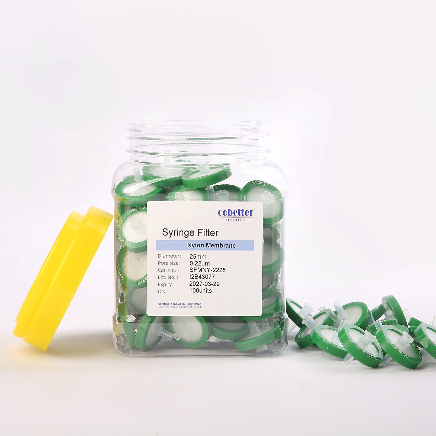 Cobetter Nylon syringe filter in a transparent container with individual filters displayed