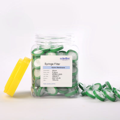 Cobetter Nylon syringe filter in a transparent container with individual filters displayed