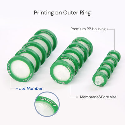 Nylon syringe filter outer ring showing membrane and pore size information and lot number