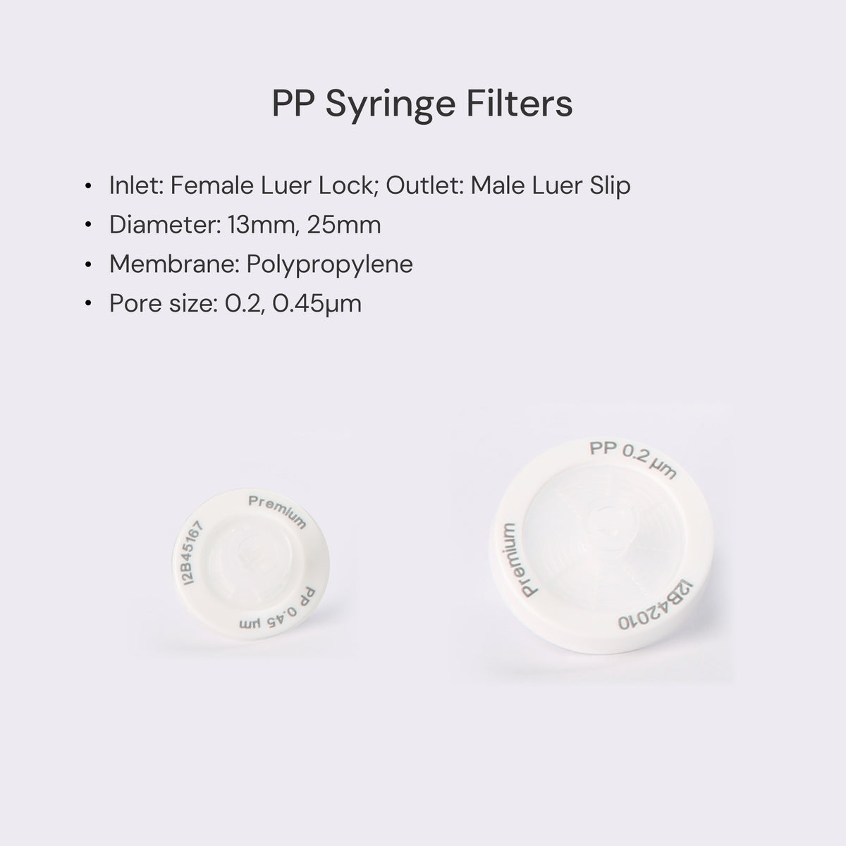 PP Syringe Filter in 2 sizes with inlet/outlet, diameter, membrane, pore size details