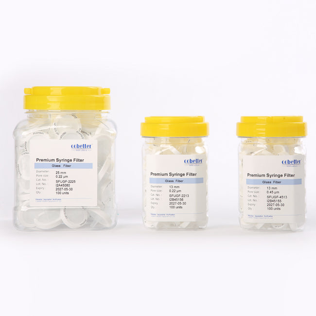 Premium GF syringe filter, 13mm/25mm, 0.2µm/0.45µm, female Luer lock to male Luer slip, non-sterile