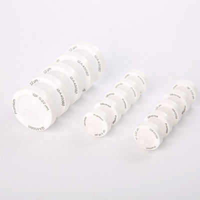 GF syringe filter outer ring showing membrane and pore size information and lot number