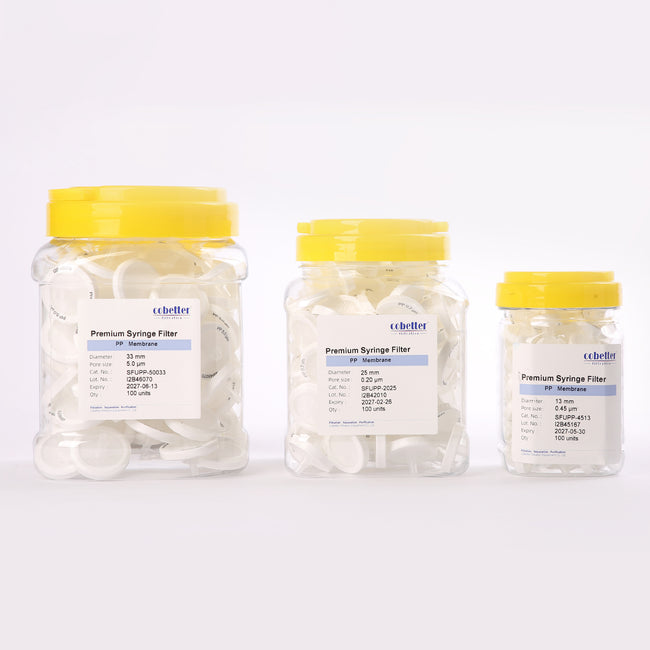 Premium PP syringe filter, 13mm/25mm/33mm, 0.2µm/0.45/5.0 µm, female Luer lock to male Luer slip, non-sterile