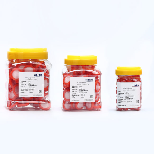 RC syringe filter, 13mm/25mm/33mm, 0.22µm/0.45µm, female Luer lock to male Luer slip, non-sterile