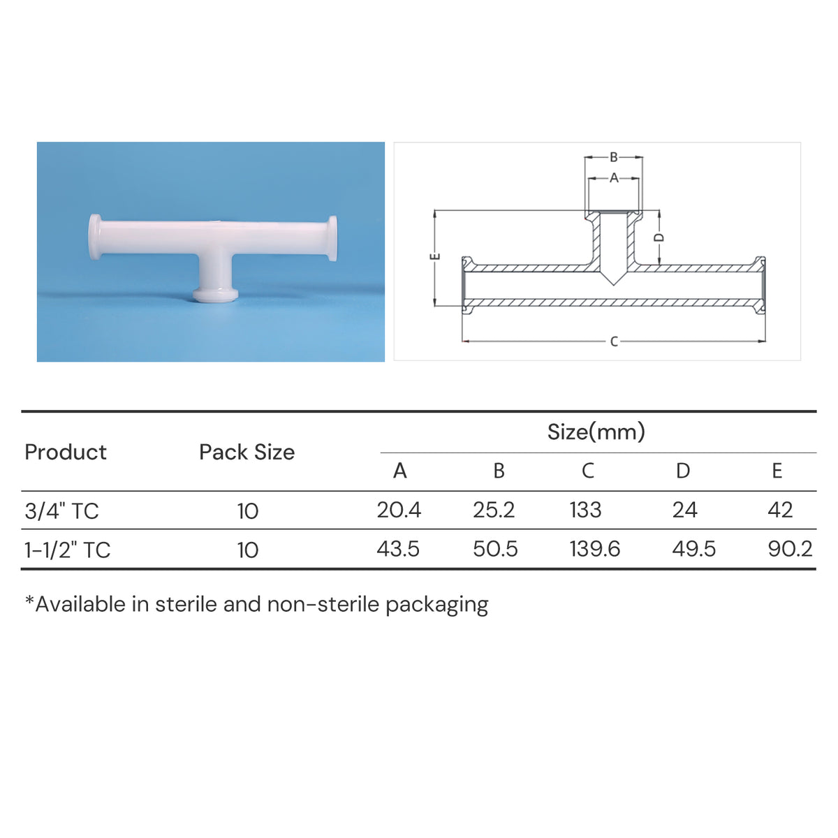 Lifemeta™ SF Single-Use Polypropylene (PP) Sanitary T-Fitting, Pack of 10