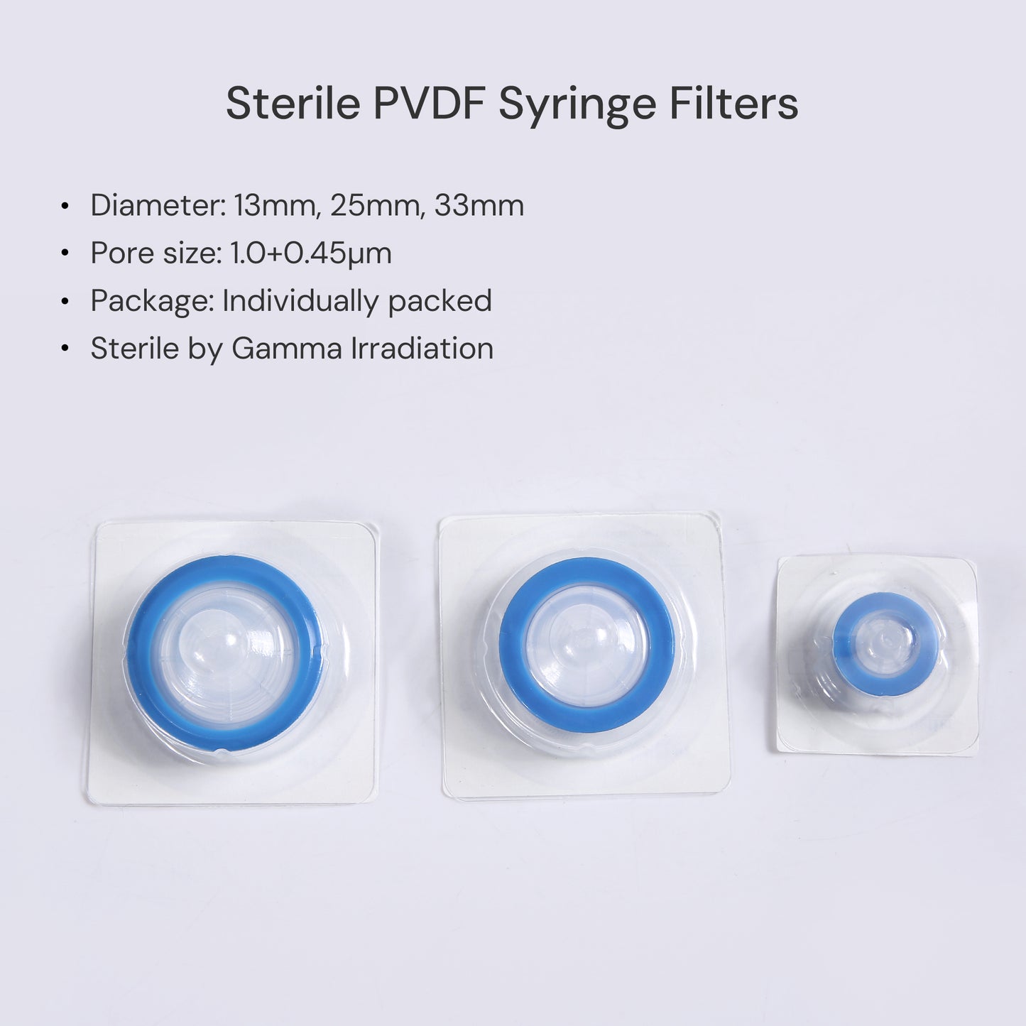 0.45μm Hydrophilic PVDF Syringe Filters for Clarification, Sterile Individually Packed