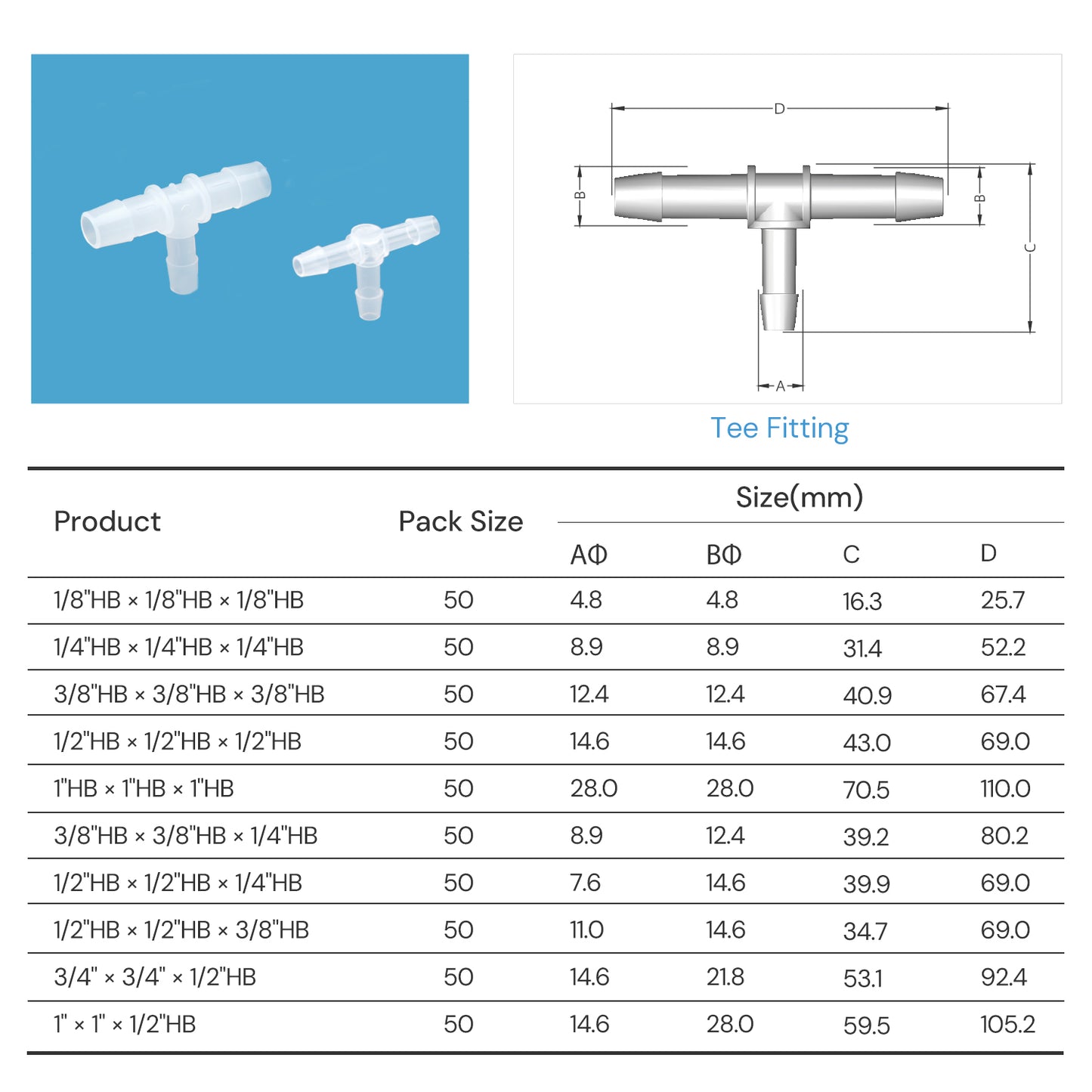 Lifemeta™ SF Polypropylene(PP) Pharmaceutical Tee Fittings 3-Way Joint 50/pk