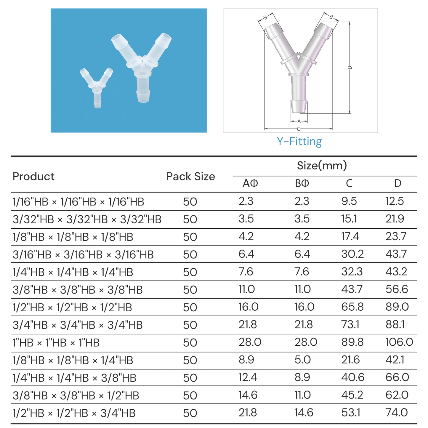 Lifemeta™ SF Polypropylene(PP) Pharmaceutical Y Fittings 3-Way Joint 50/pk