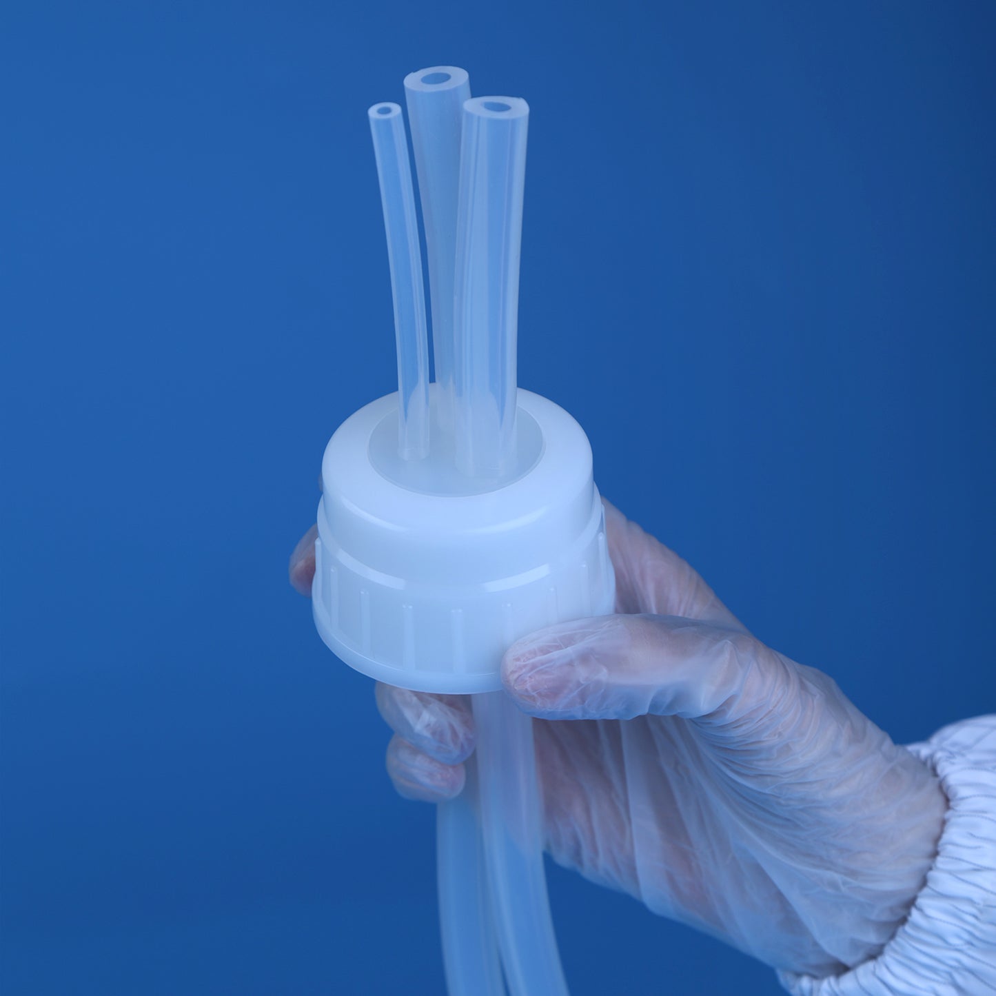 Molded Silicone Seal Cap, 53B, Polypropylene Cap with Pt-cured Silicone Tubing, 3 ports, for Bottles and Carboys