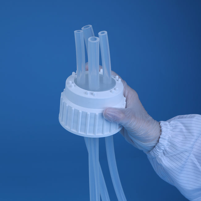 Molded Silicone Seal Cap, 83B, Polypropylene Cap with Pt-cured Silicone Tubing, 4 ports, for Bottles and Carboys