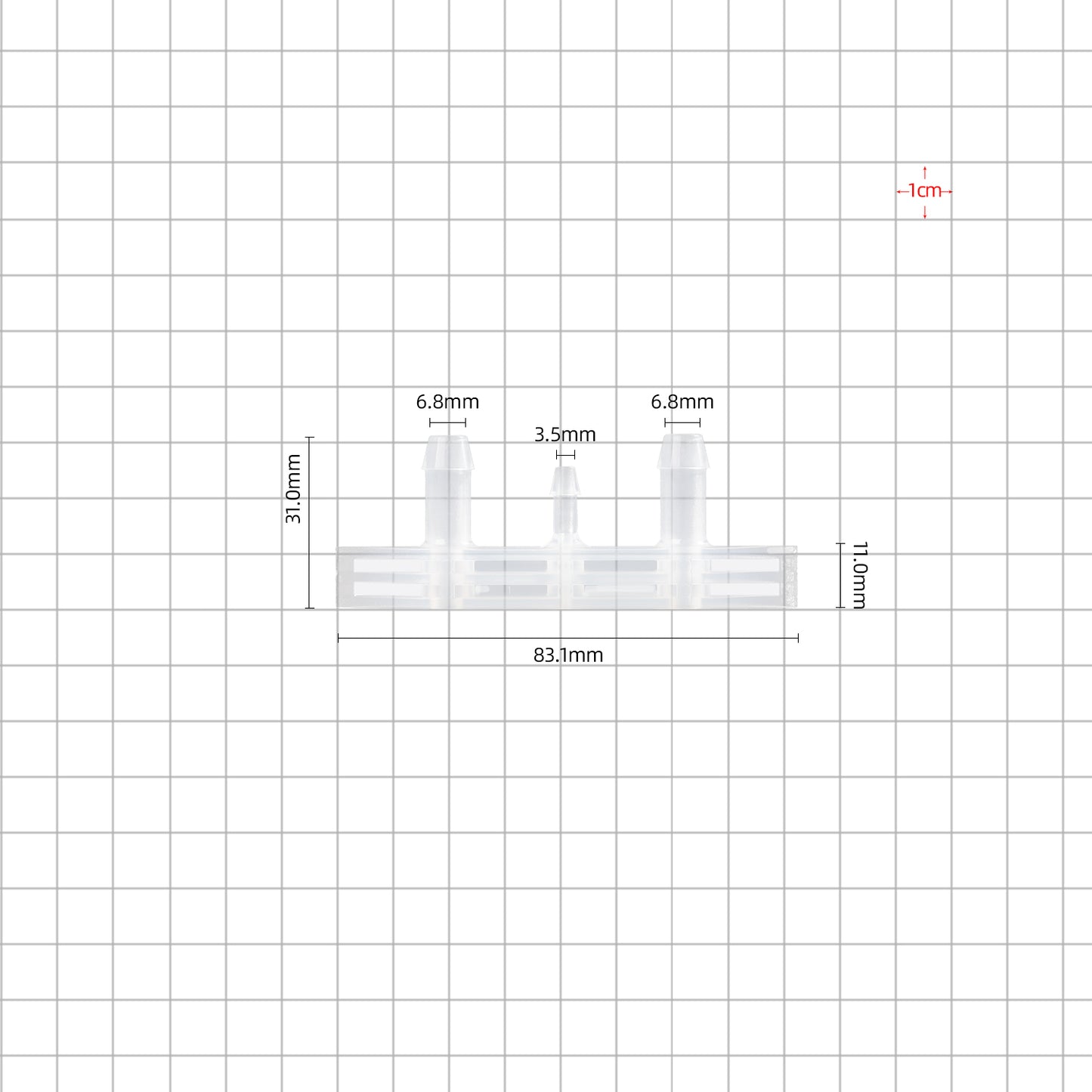 1/4''-1/8''-1/4'' boat port barbed 3 ports dimensions