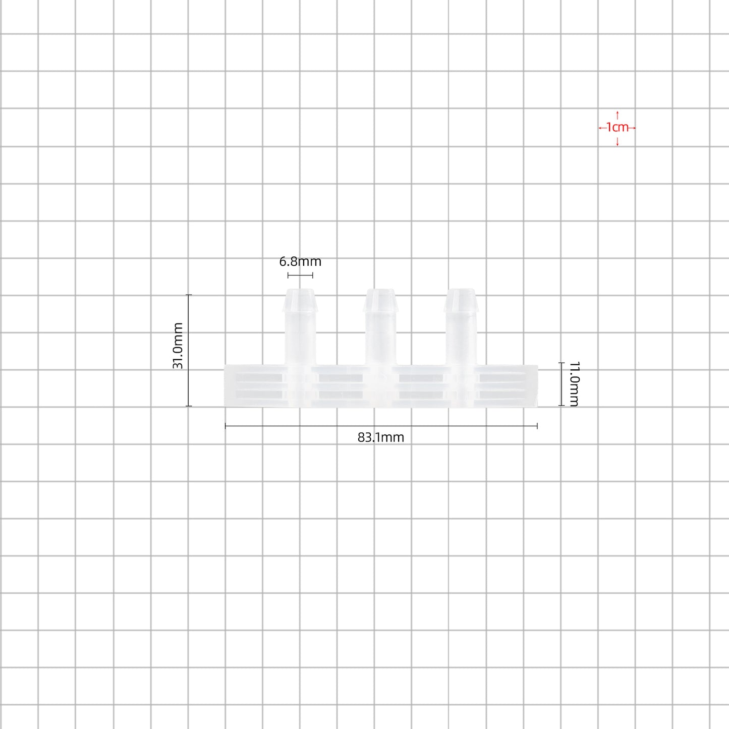 1/4''-1/4''-1/4'' boat port barbed 3 ports dimensions