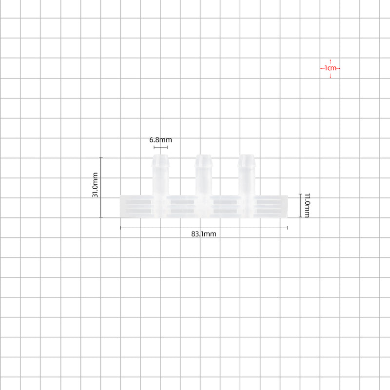 1/4''-1/4''-1/4'' boat port barbed 3 ports dimensions