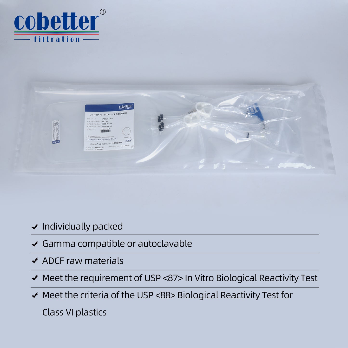 100mL Sampling Bag with 1/8"ID x 1/4"OD Tubing Sterile by Gamma Irradiation, 3/10/pk