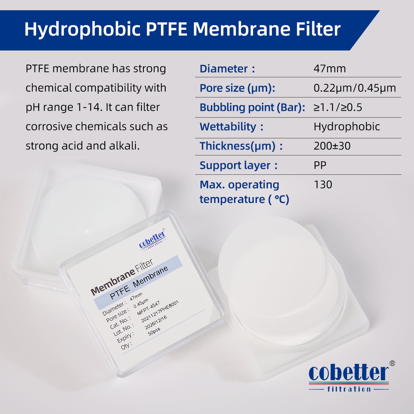 specification of hydrophobic PTFE disc membrane filter