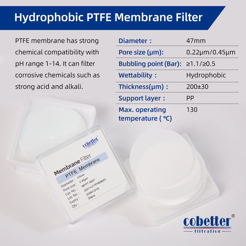 specification of hydrophobic PTFE disc membrane filter